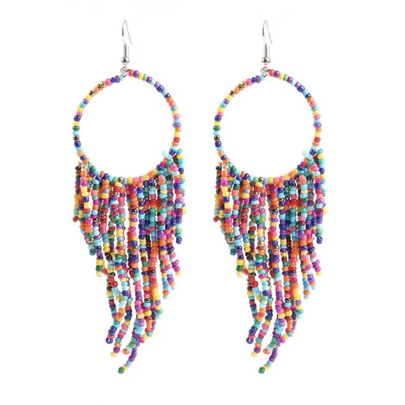Beaded Multicolored Fringe Hoop Earrings - Picture 10 of 13